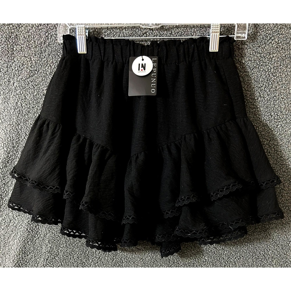 Lepunuo Womens Black Boho Tiered Ruffle Mini Skirt Skort Lace Trim NWT